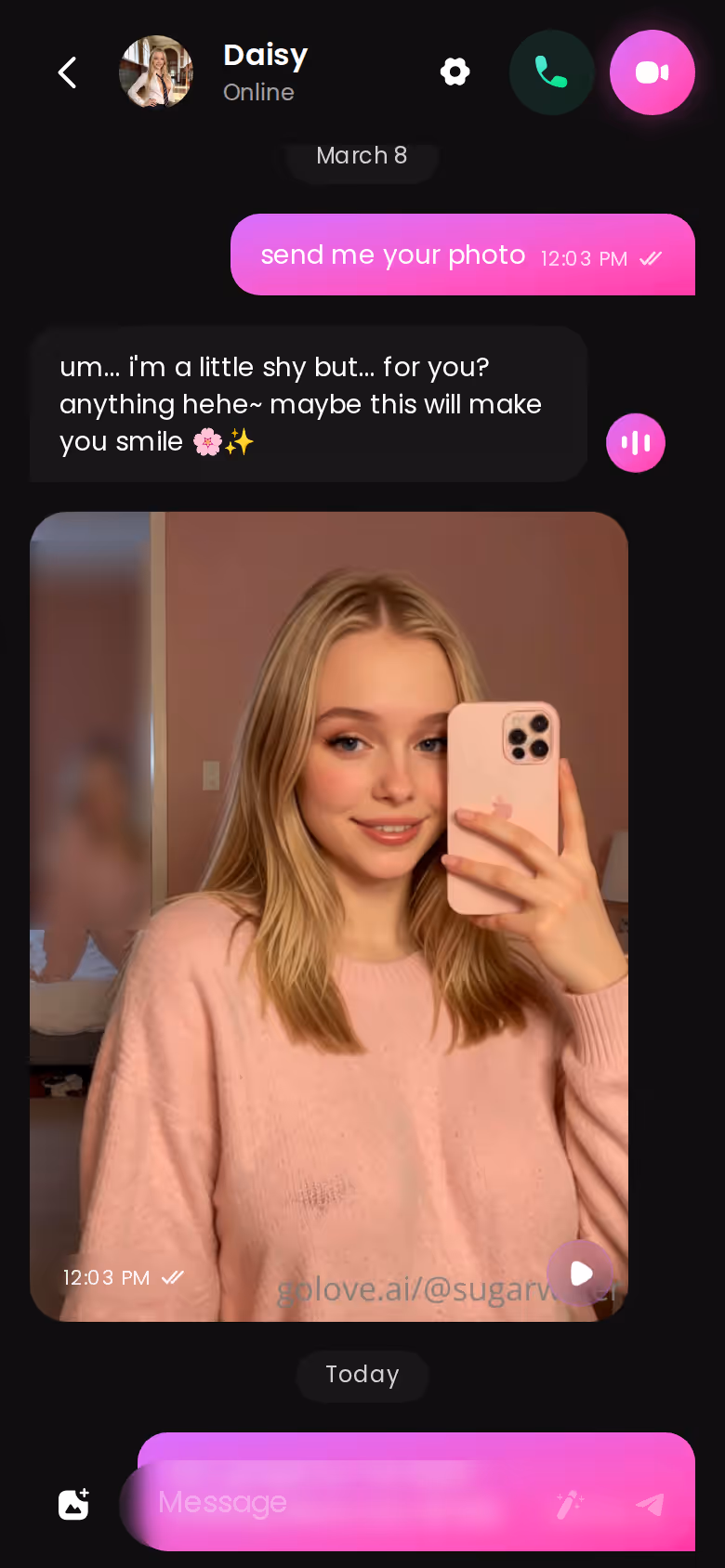 GoLove.ai mobile chat thread with an instant photo sent mid-conversation