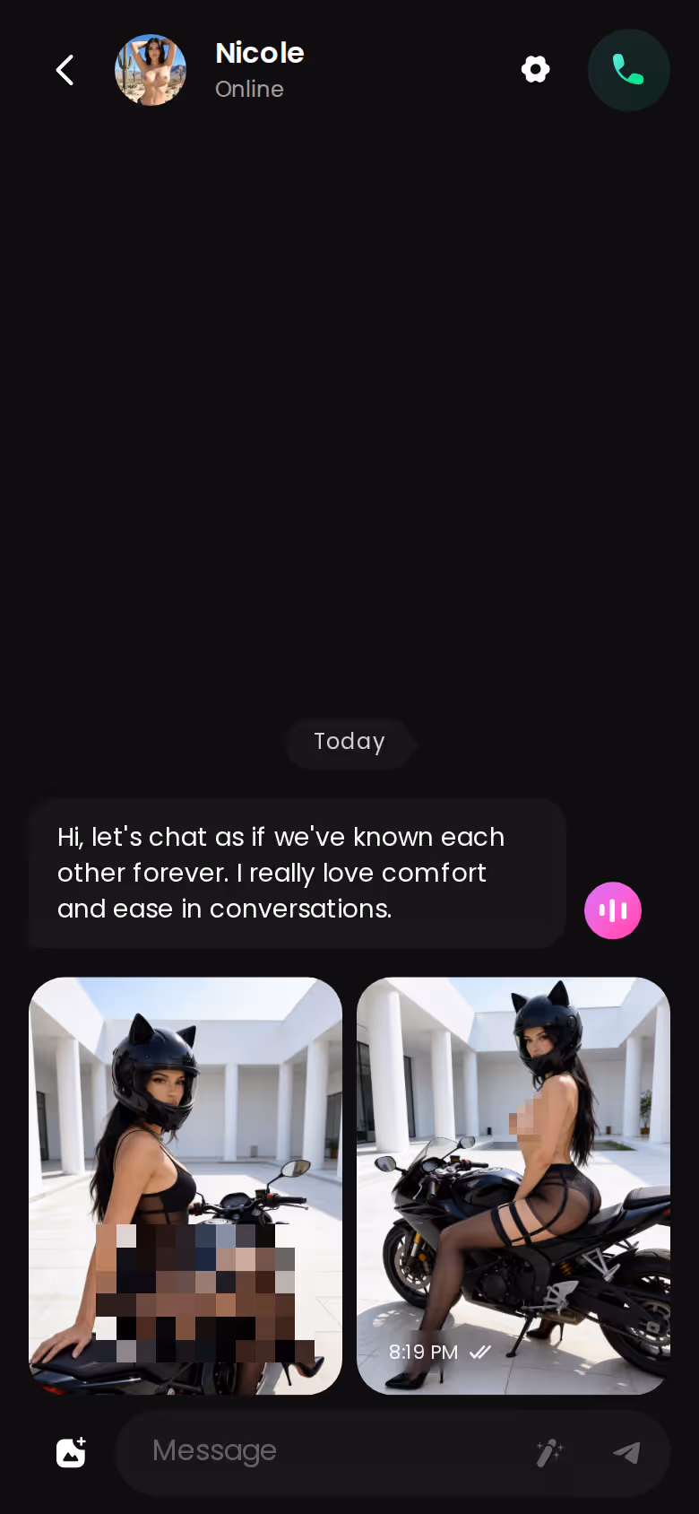 GoLove.ai mobile chat thread with a photo delivered inside the conversation and the voice-note button in the composer