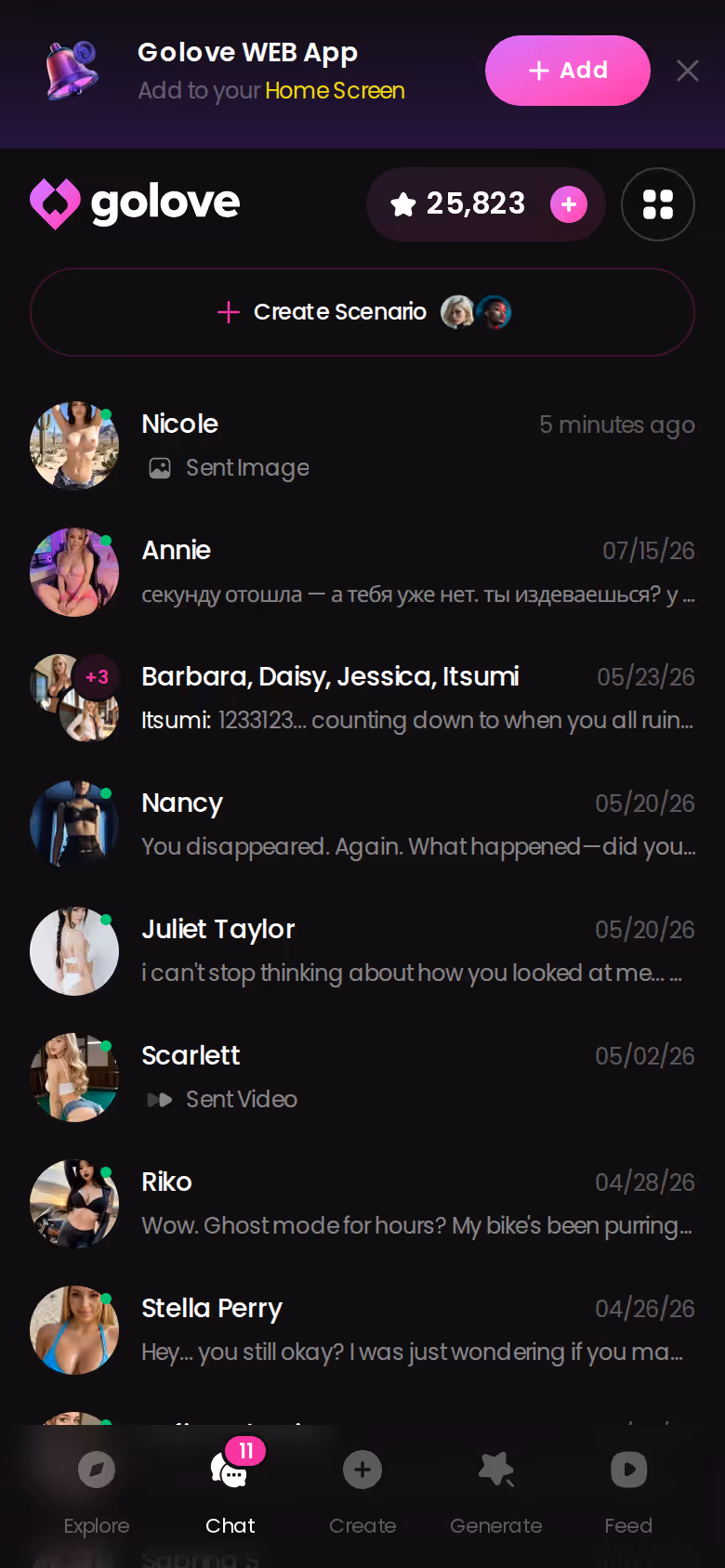 Mobile GoLove.ai chats list with last-message previews — ai trans girl