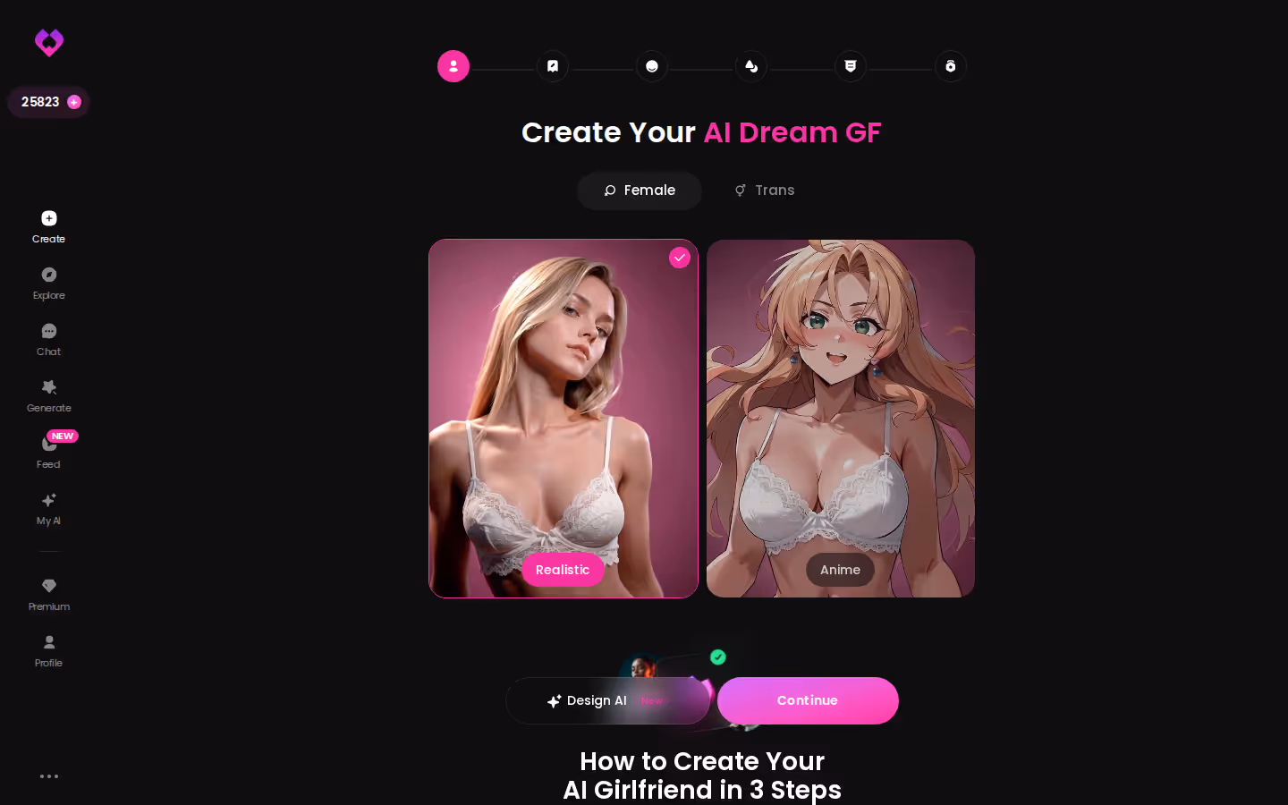 The GoLove.ai Create wizard, showing the Realistic and Anime cards and the Female/Trans toggle