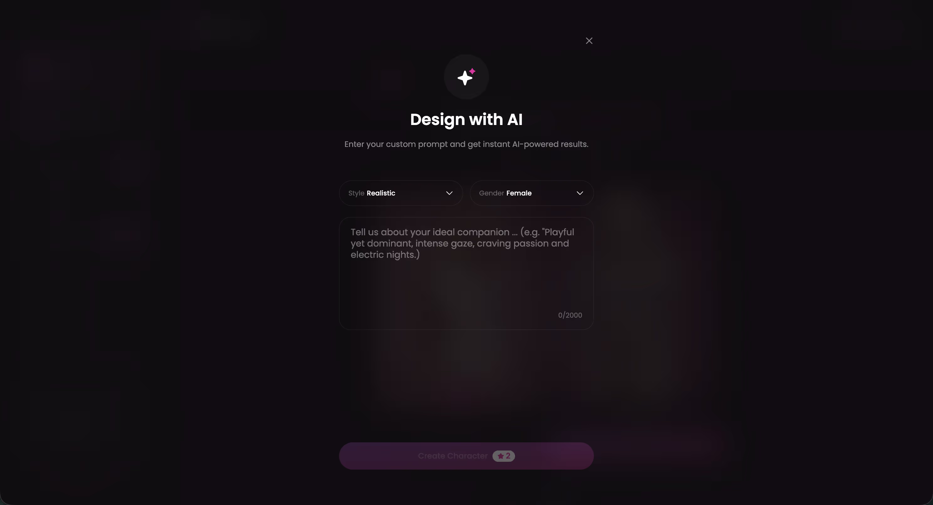 GoLove Design with AI screen where a text description becomes a new character