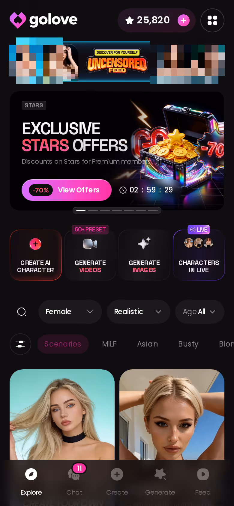 Mobile GoLove.ai Explore page with banners and character grid — interactive ai girlfriend dating games