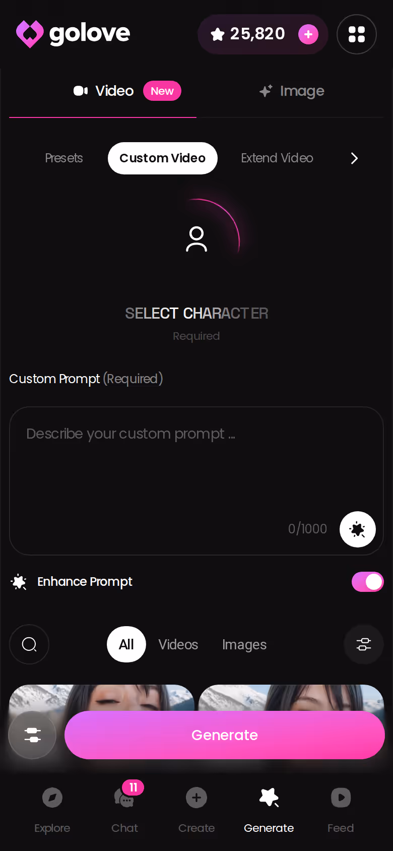 GoLove video generator on mobile with preset action cards