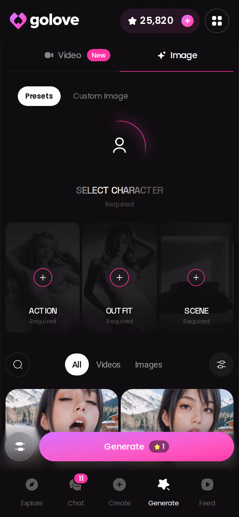 GoLove image generator on mobile showing pose and outfit presets