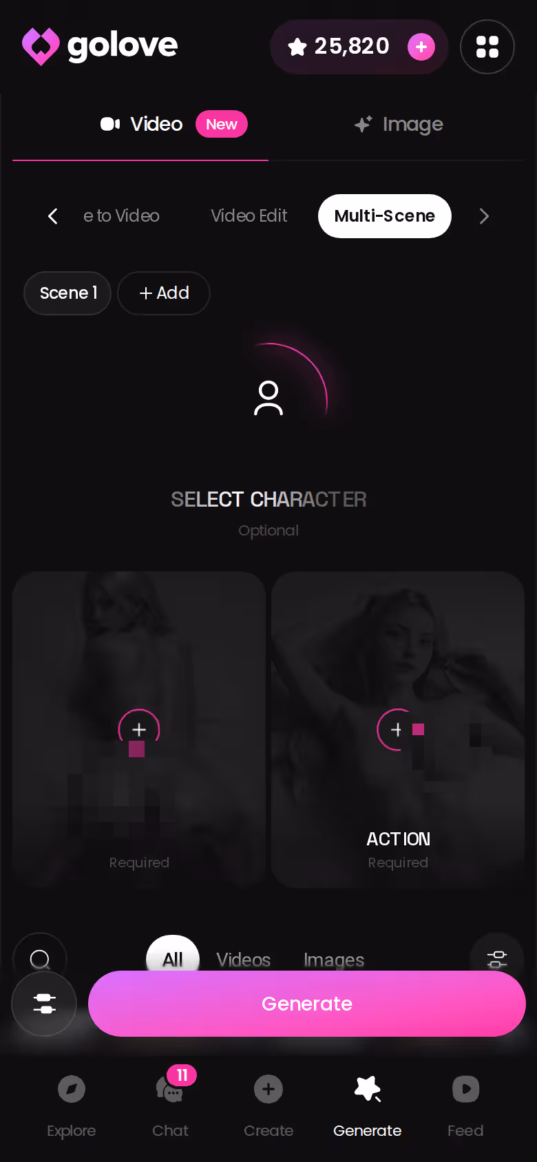 GoLove.ai's Multi Scene video builder on mobile, assembling several moments of one character into a single clip