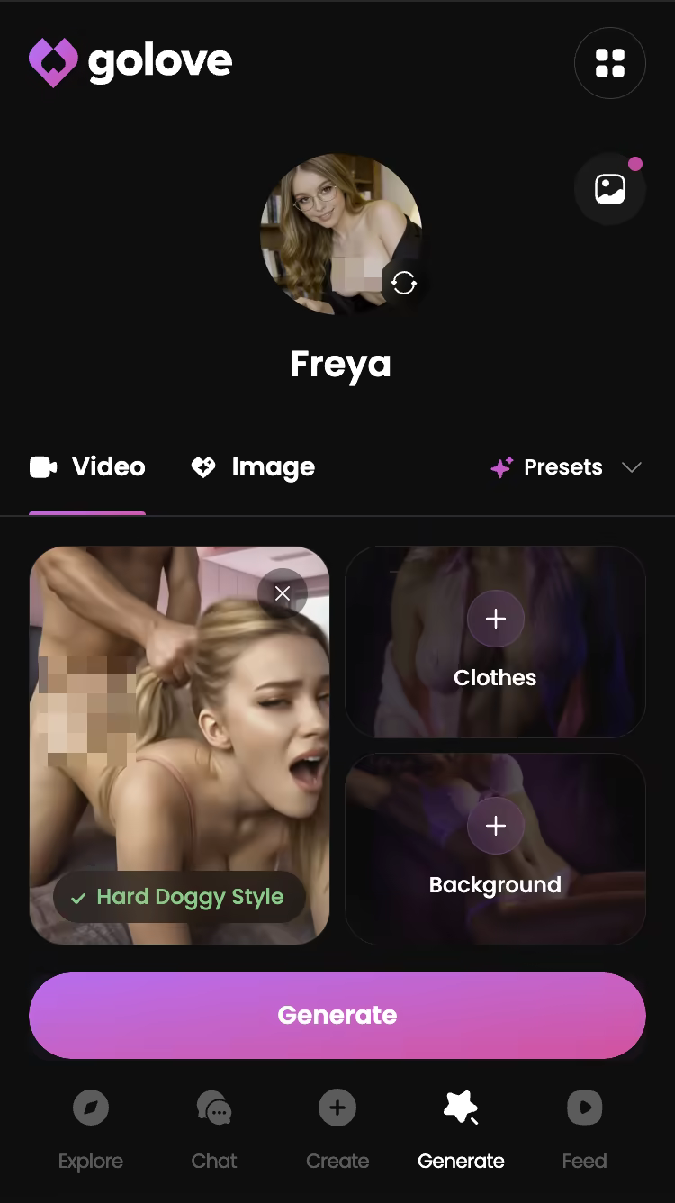 GoLove.ai mobile video generator with action, clothes and scene choices for a character
