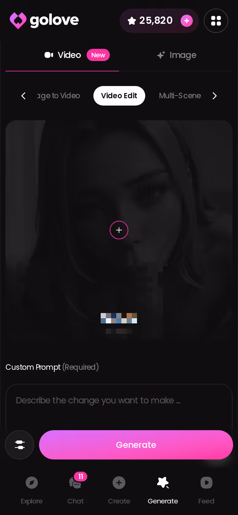 GoLove.ai video editing screen on mobile with preset cards
